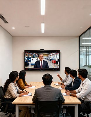 Team watching high-impact AI corporate videos presentation on large screen in modern boardroom – crafted by AIM Kreations Hyderabad