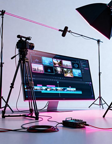 Professional studio setup with large monitor editing AI corporate videos – powered by AIM Kreations Hyderabad