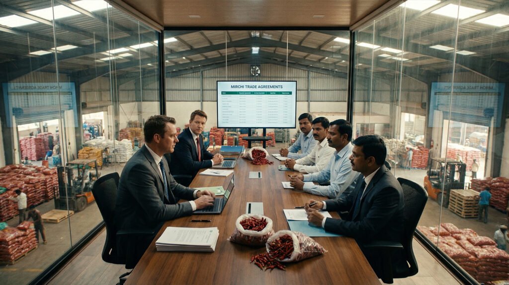 Impactful AI corporate video depicting a high-level trade negotiation meeting, created by AIM Kreations, AI corporate video makers in India