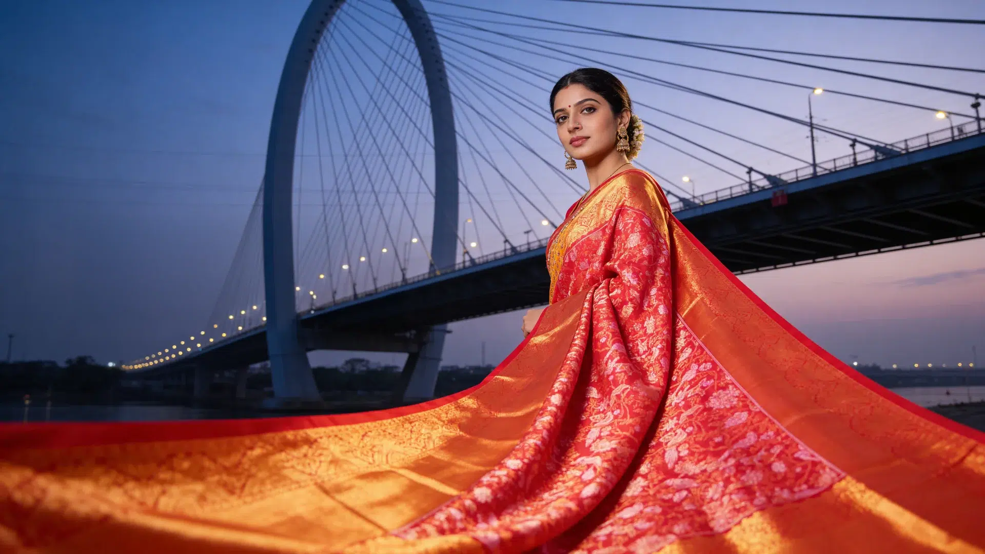 AI model by AIM Kreations in a red silk saree posing with a modern suspension bridge at dusk.
