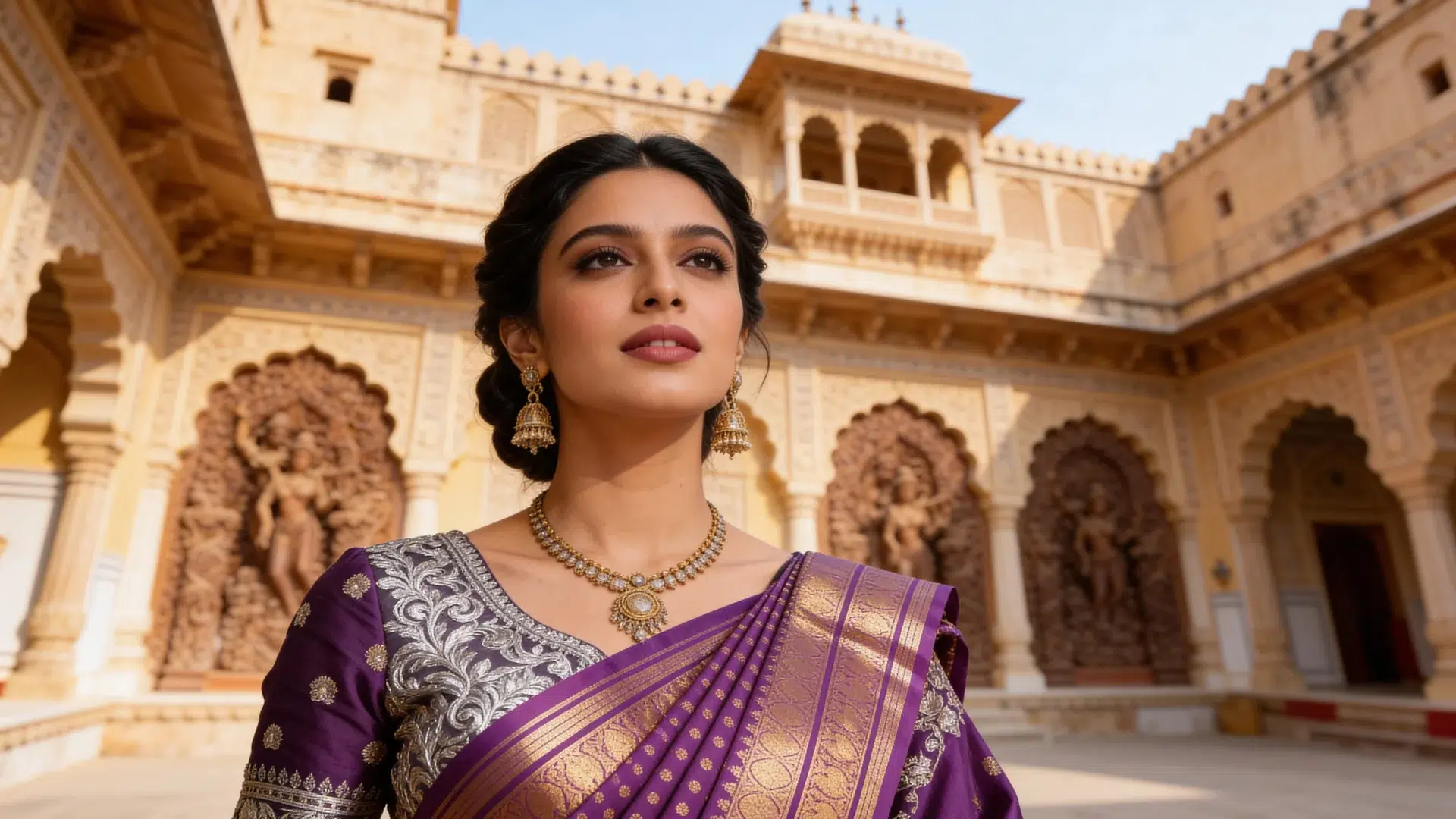 AI model by AIM Kreations in a purple and gold silk saree standing in a sunlit palace courtyard.