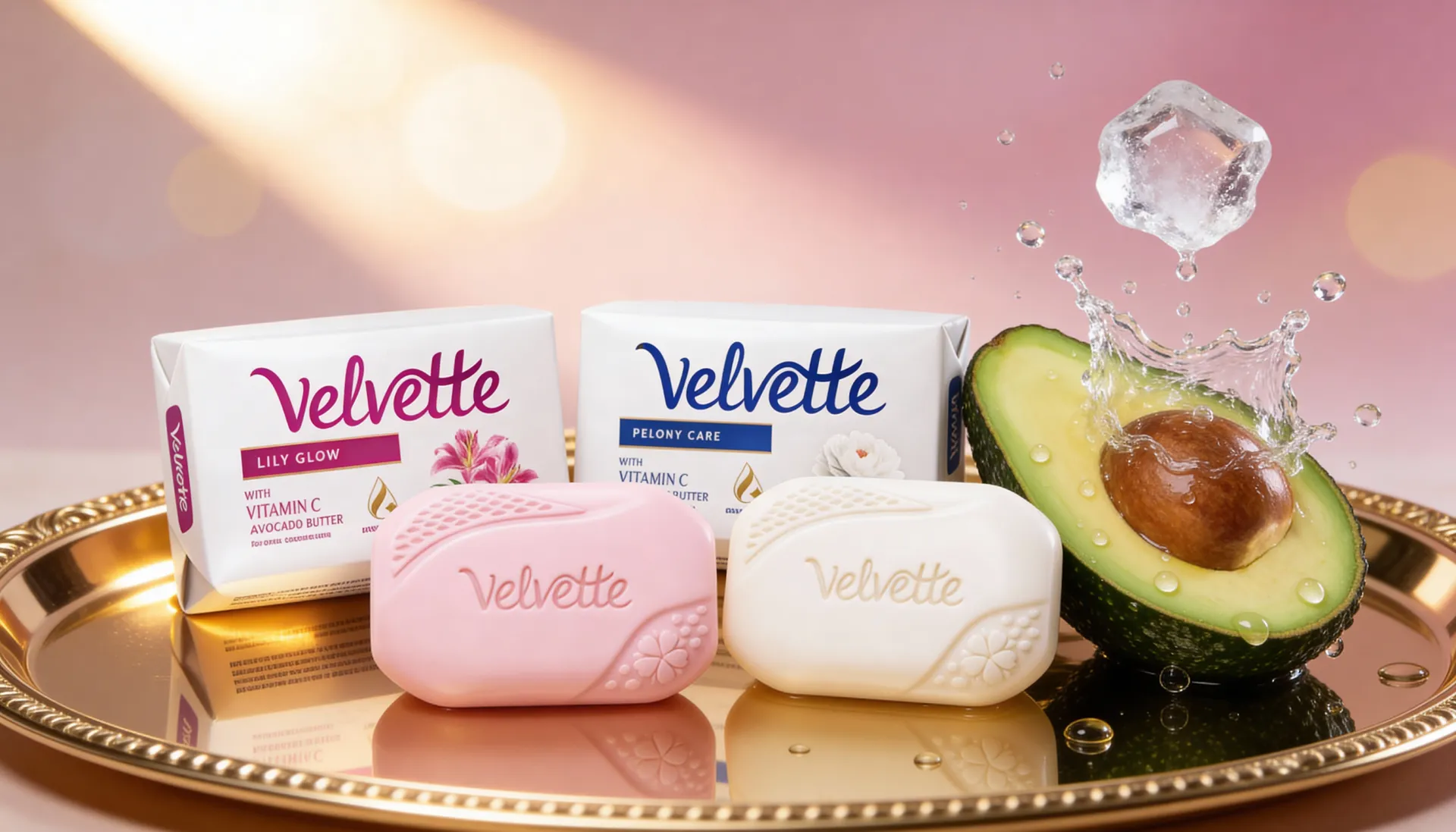 Velvette soap product ( Reliance Consumer Products ) showcase AI generated ad with avocado vitamin C skincare branding India