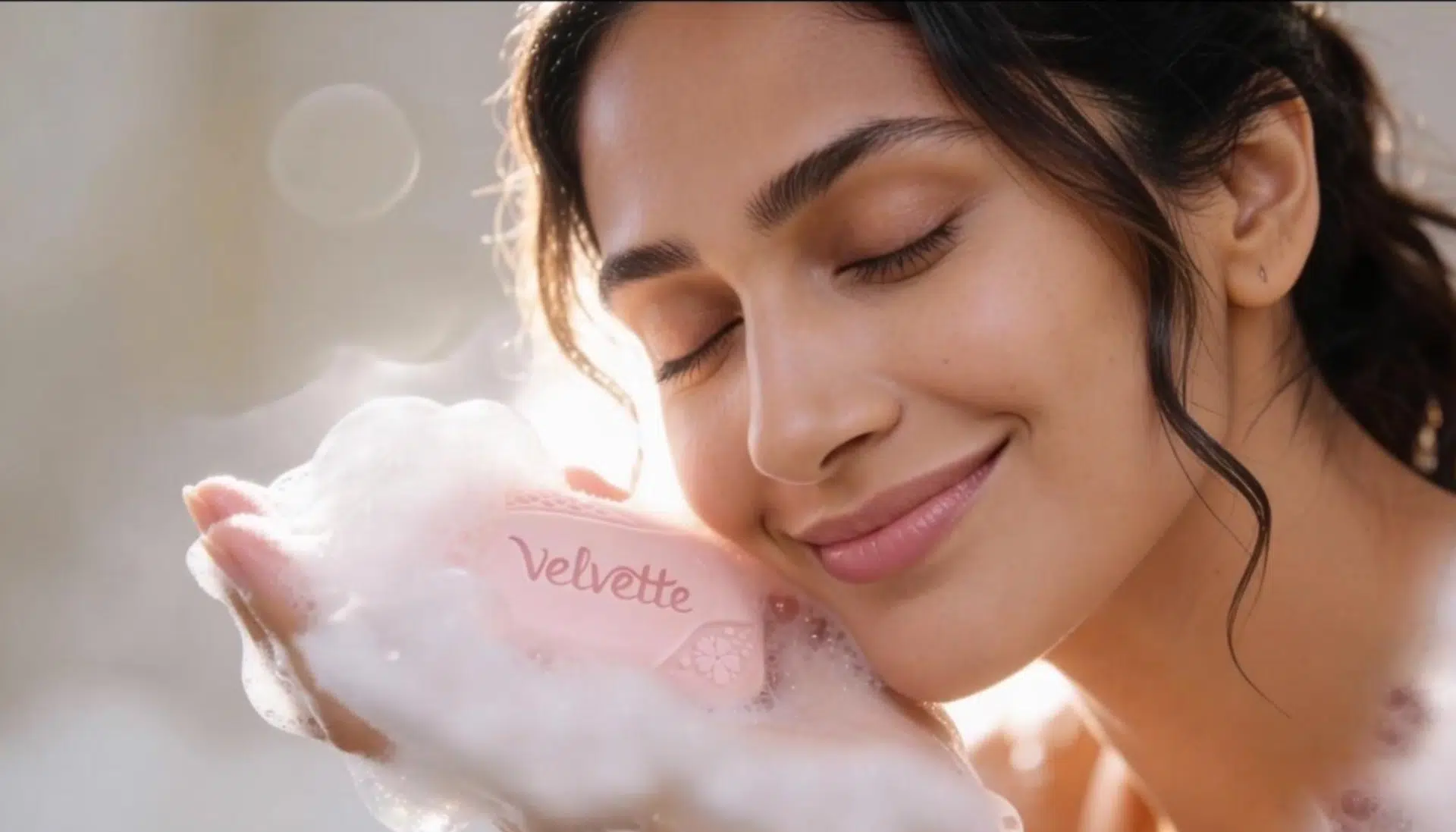 Velvette luxury soap ( Reliance Consumer Products ) cinematic AI ad film close-up – glowing skin beauty FMCG advertising India
