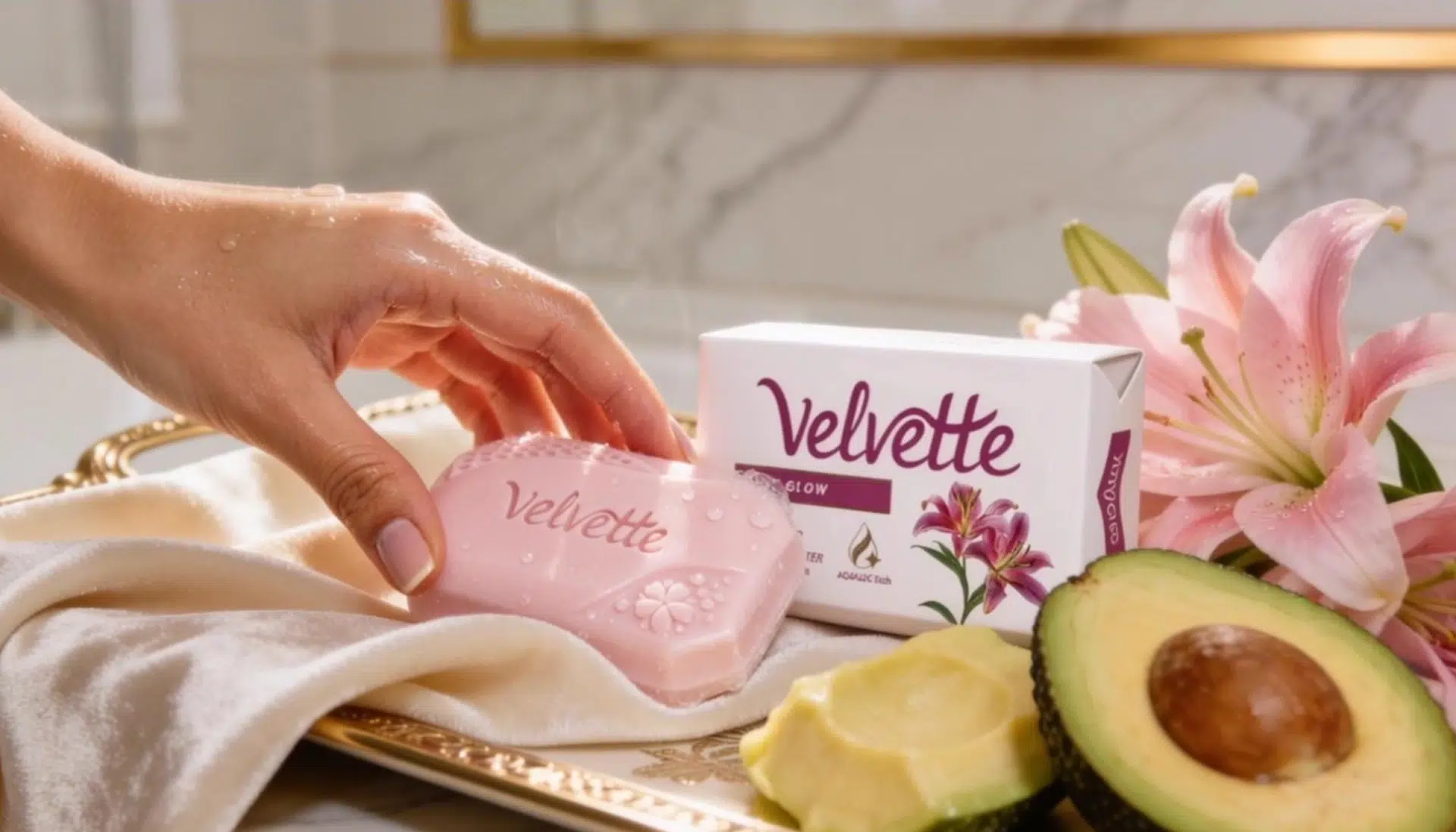 Velvette soap ( Reliance Consumer Products ) lifestyle product shot AI ad film with natural ingredients skincare branding India