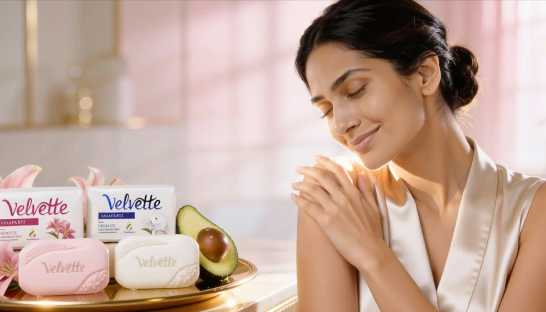 Velvette soap ( Reliance Consumer Products ) lifestyle product shot AI ad film with natural ingredients skincare branding India